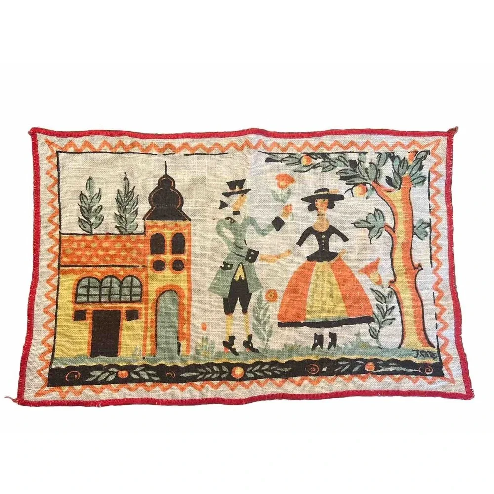 Vintage Tony Sarg Signed Linen Cocktail Napkin Couple Under Fruit Tree 8.5x 13.5